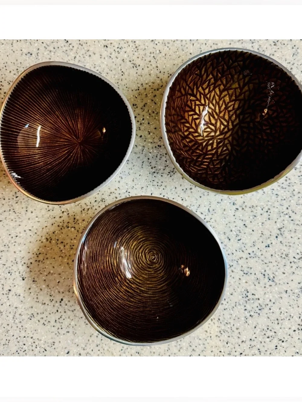 Vtg Simply Designs organic set of 3 brown and silver enamel snack bowls.